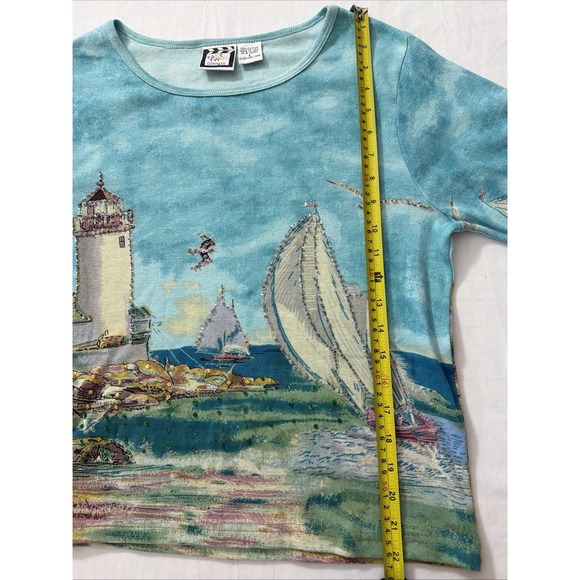 Take Two vintage 3/4 sleeve shirt cotton lighthouse sequins sailboats coastal L - Picture 8 of 16